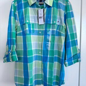 Tommy Hilfiger Green/Blue Plaid Button Down Polo Size L/G